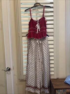 Anthropologie Two-Piece Pajama Set in Burgundy Top and Ivory Patterned Pants